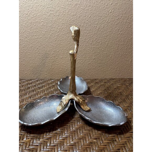 Gold & Silver Metal Pewter Bird Stand With Three Leaf-Shaped Snack Trays - Picture 3 of 7